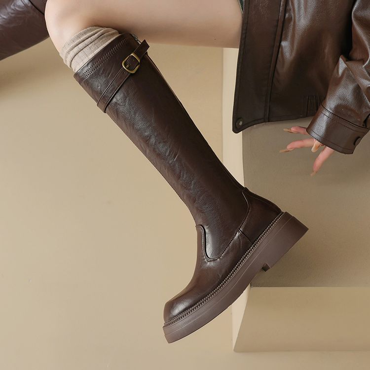 不过膝长靴女高筒靴厚底棕色骑士靴大筒围女靴胖mm粗腿大码41一43