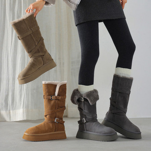 女士翻折两穿时尚 2025年秋冬圆头松糕底中跟中筒短靴子保暖雪地靴