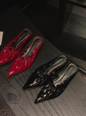 3cm小猫跟黑色高跟鞋气质尖头折皱包头凉鞋真皮开春半拖鞋女外穿