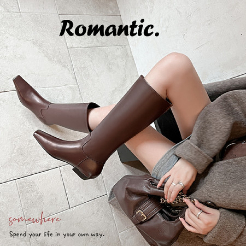 复古长筒靴女显瘦不过膝高筒靴2025新款高级感方头真皮粗跟骑士靴