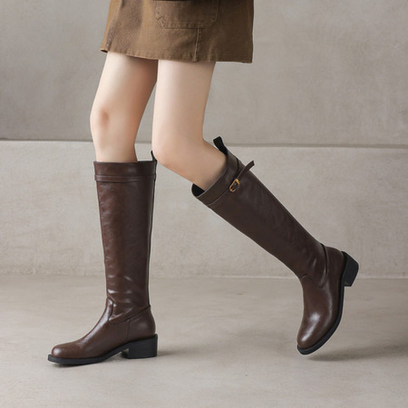 欧美气质显瘦复古圆头粗跟皮带扣骑士靴女2025秋冬新款不过膝长靴,居家布艺,居家婚庆拖鞋,淘宝优惠券,粉丝福利购,淘宝优惠卷