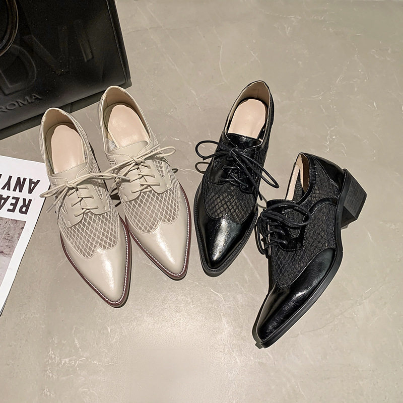 法式复古镂空网纱单鞋春夏透气系带英伦风尖头中粗跟真皮深口女鞋,运动/瑜伽/健身/球迷用品,广场舞鞋,淘宝优惠券,粉丝福利购,淘宝优惠卷