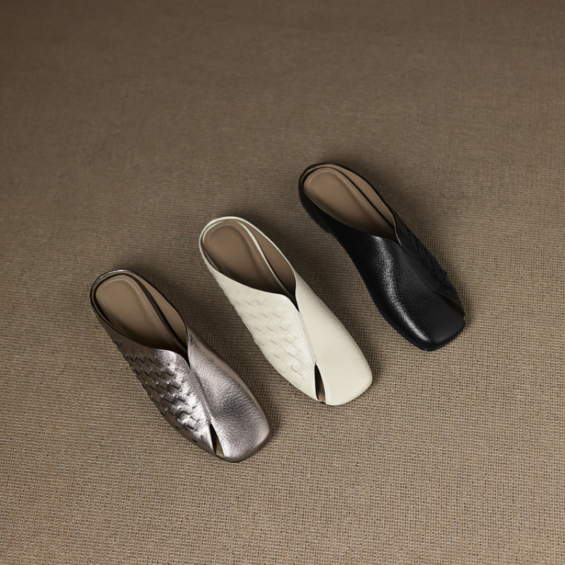 2025新款真皮法式气质配裙子编织包头半拖鞋女夏季外穿穆勒凉拖鞋