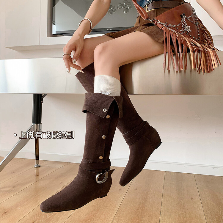 川西姑娘~2024小个子不过膝内增高堆堆靴西部牛仔靴棕色长筒靴女~