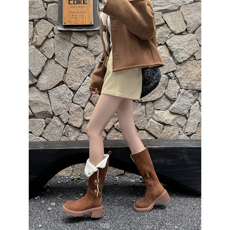 法式绒面美拉德卡其色两穿翻折长筒靴高筒骑士靴麂皮雪地靴长靴女