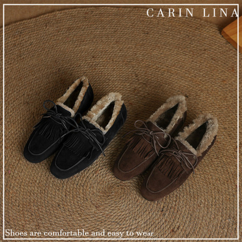 2025年冬季新款加绒保暖真皮流苏乐福鞋平底棉鞋毛毛鞋女鞋
