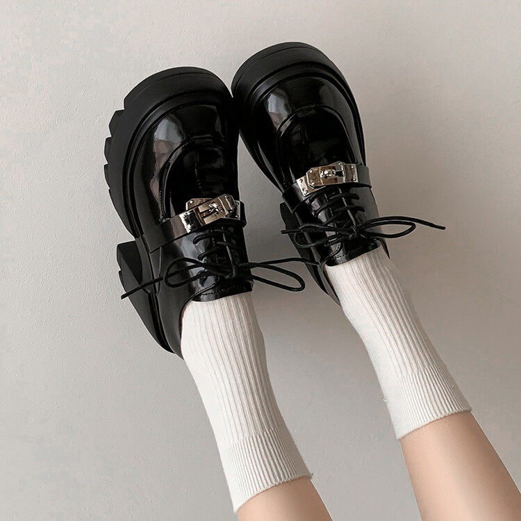 高跟小皮鞋女秋季厚底乐福鞋粗跟黑色玛丽珍鞋松糕金属扣增高单鞋,女鞋,马丁靴,淘宝优惠券,粉丝福利购,淘宝优惠卷