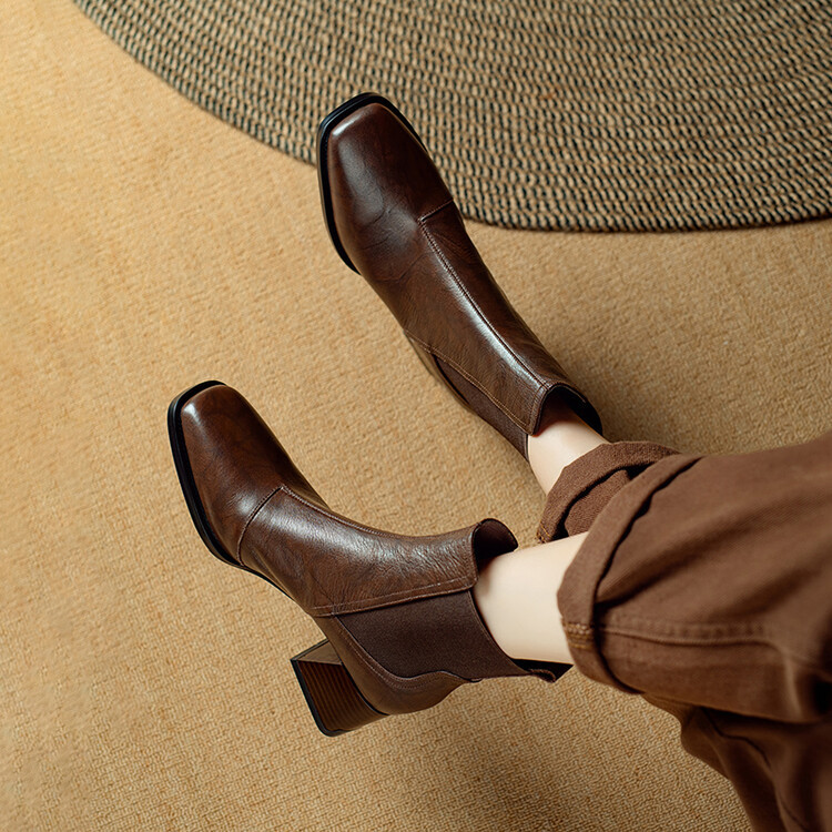 5cm英伦风马丁靴女粗跟时尚通勤及裸靴气质通勤切尔西靴子真皮秋~