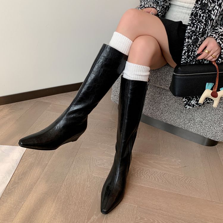 秋冬季牛皮骑士靴女内增高尖头长筒靴女高筒小个子高级感靴子显瘦
