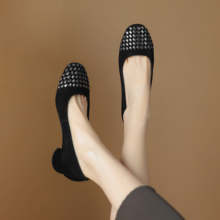 法式小香风圆头浅口平底鞋女拼接磨砂皮套脚软底瓢鞋舒适百搭单鞋