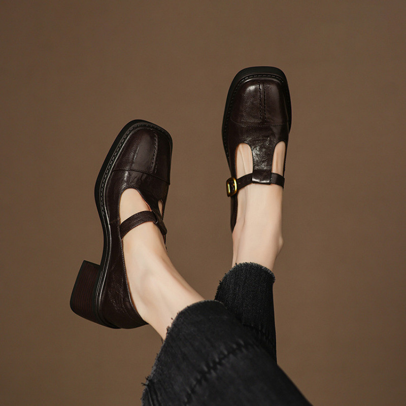 6cm浅口厚底小皮鞋女真皮粗跟玛丽珍鞋2025新款秋季高跟百搭单鞋