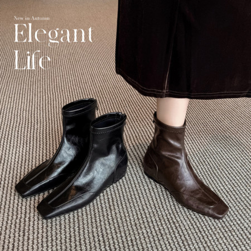 2025新款方头短靴女内增高时装靴子女坡跟及裸靴大码女靴41到43