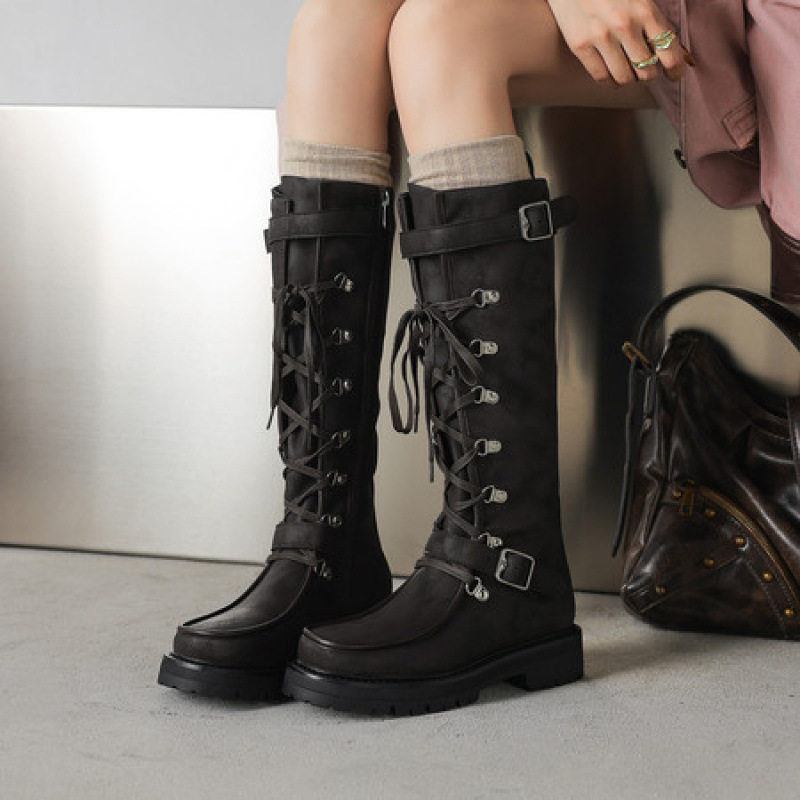复古机车靴女真皮系带高筒靴厚底皮带扣马丁靴显瘦长靴超美骑士靴,运动/瑜伽/健身/球迷用品,广场舞鞋,淘宝优惠券,粉丝福利购,淘宝优惠卷