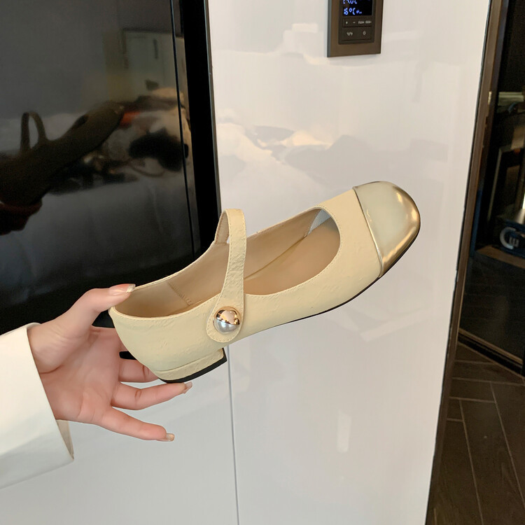 2023春季低跟拼色圆头单鞋女鞋子法式玛丽珍一字扣带复古皮鞋