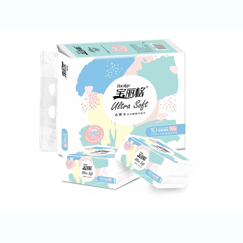 宝丽格抽纸洁雅宝柔韧可湿水4层l码102抽家用餐巾纸面巾纸1提10包