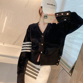 tb四杠金扣仿水貂绒v领针织开衫 女thom加厚宽松休闲显瘦长袖 外套