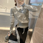 tb小狗提花圆领针织衫 女thom学院风四条杠收腰显瘦甜美长袖 套头秋