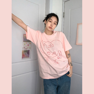 曼斯特物种1不在短袖原创可爱卡通趣味印花纯色打底纯棉情侣女T恤