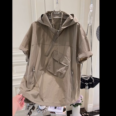 特大码300斤连帽短袖防晒T恤男女装夏季欧货不规则设计感拉链上衣