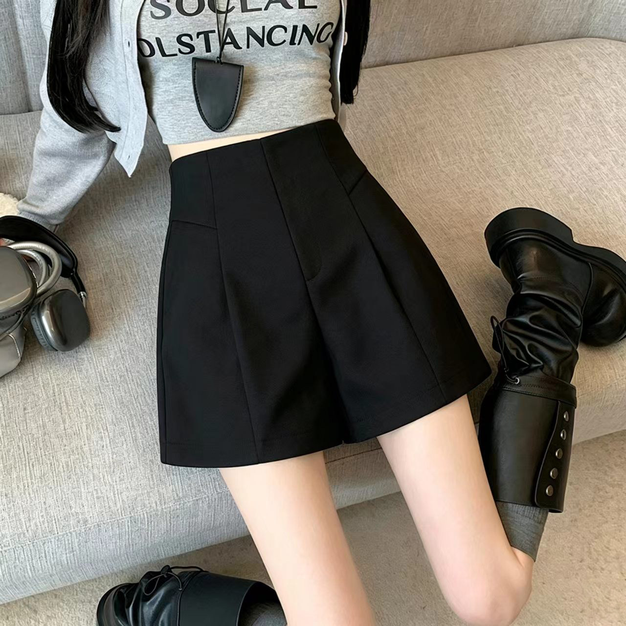 毛呢短裤女秋冬阔腿高腰a字靴裤