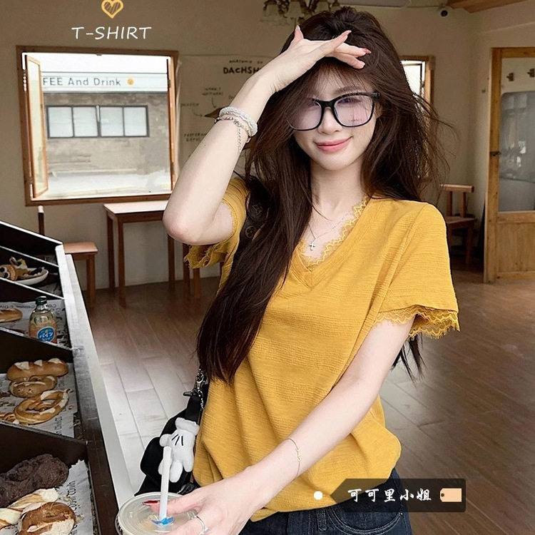 蕾丝拼接短袖T恤女夏设计感条纹