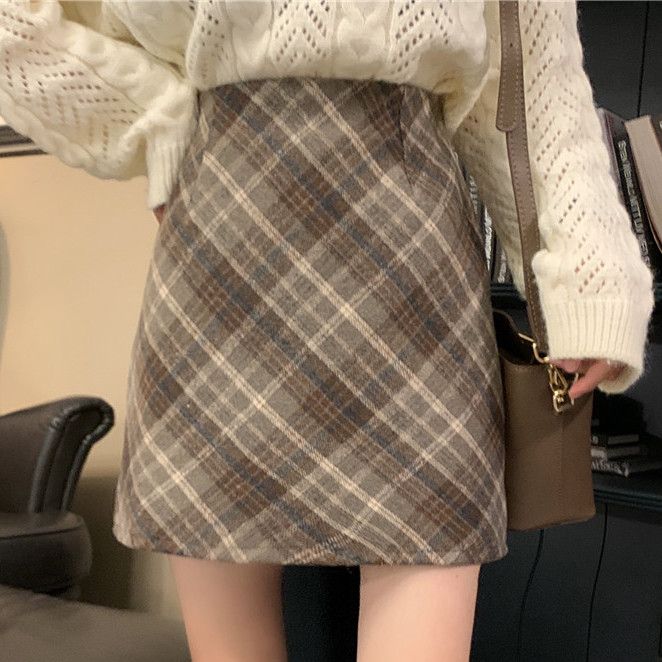 格子毛呢a字半身裙女士秋冬