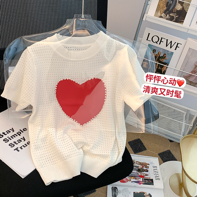 纯欲辣妹爱心白色针织短袖t恤