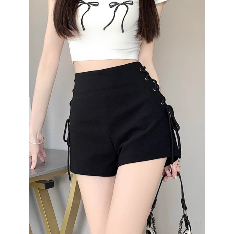 高腰黑色夏季短裤女绑带辣妹外穿