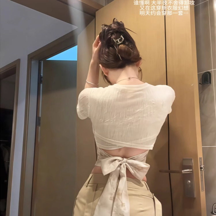 设计感镂空蝴蝶结绑带短袖T恤女夏季甜辣妹修身显瘦后背美背上衣