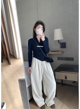 METWO 羊绒慵懒风加厚V领棒针毛衫女士冬季打底衫长袖上衣纯色ins