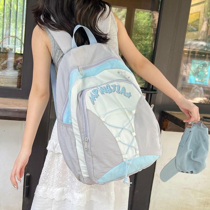 书包美式复古风撞色设计多大容量防泼水超轻双肩包女大学生高中生