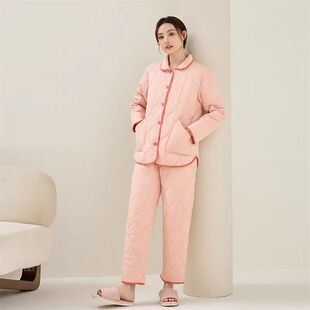康妮雅家居服睡衣冬季三层纯棉夹棉加厚保暖翻领棉袄女套装621256