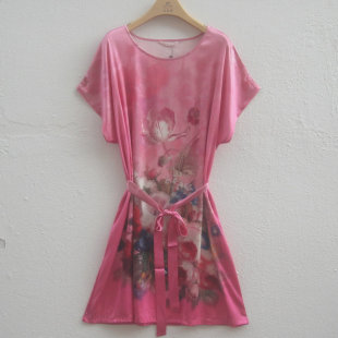 康妮雅家居服睡衣夏款桑蚕丝+莱卡圆领短袖中裙女睡裙连衣裙62507