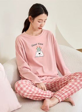 康妮雅家居服新纯棉睡衣带胸垫一体女秋款长袖宽松舒适套装621511