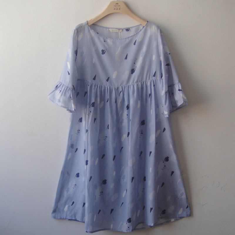 专柜正品康妮雅家居服 棉+桑蚕丝圆领套头中袖中裙女睡裙82062815