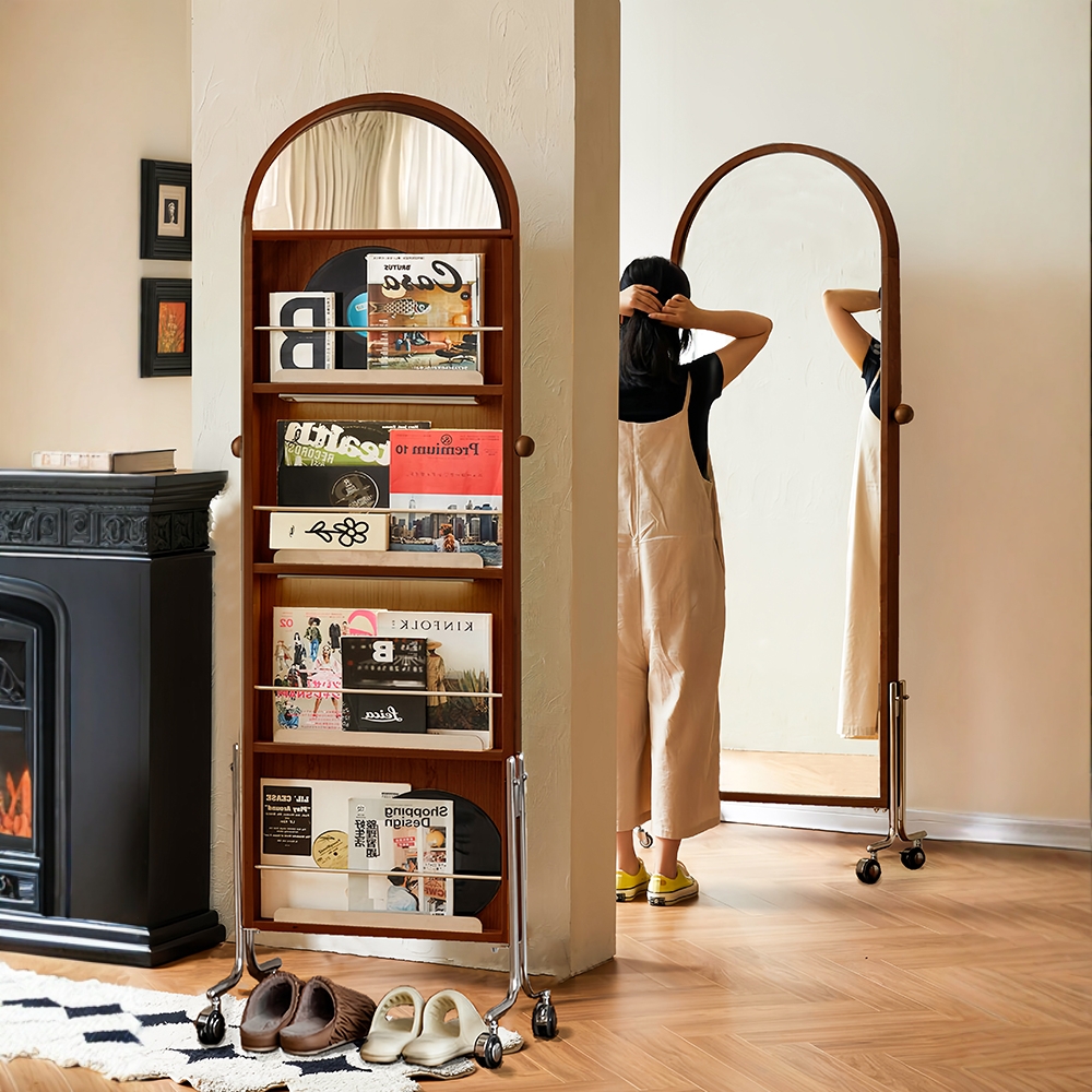 实木穿衣镜中古风书报杂志收纳架