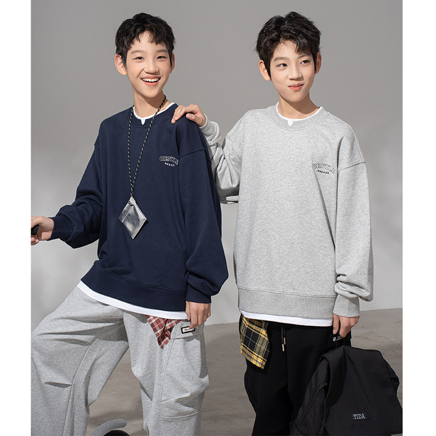 150-190 大男童痞帅卫衣350g纯棉毛圈青少年宽松假两件上衣初中生