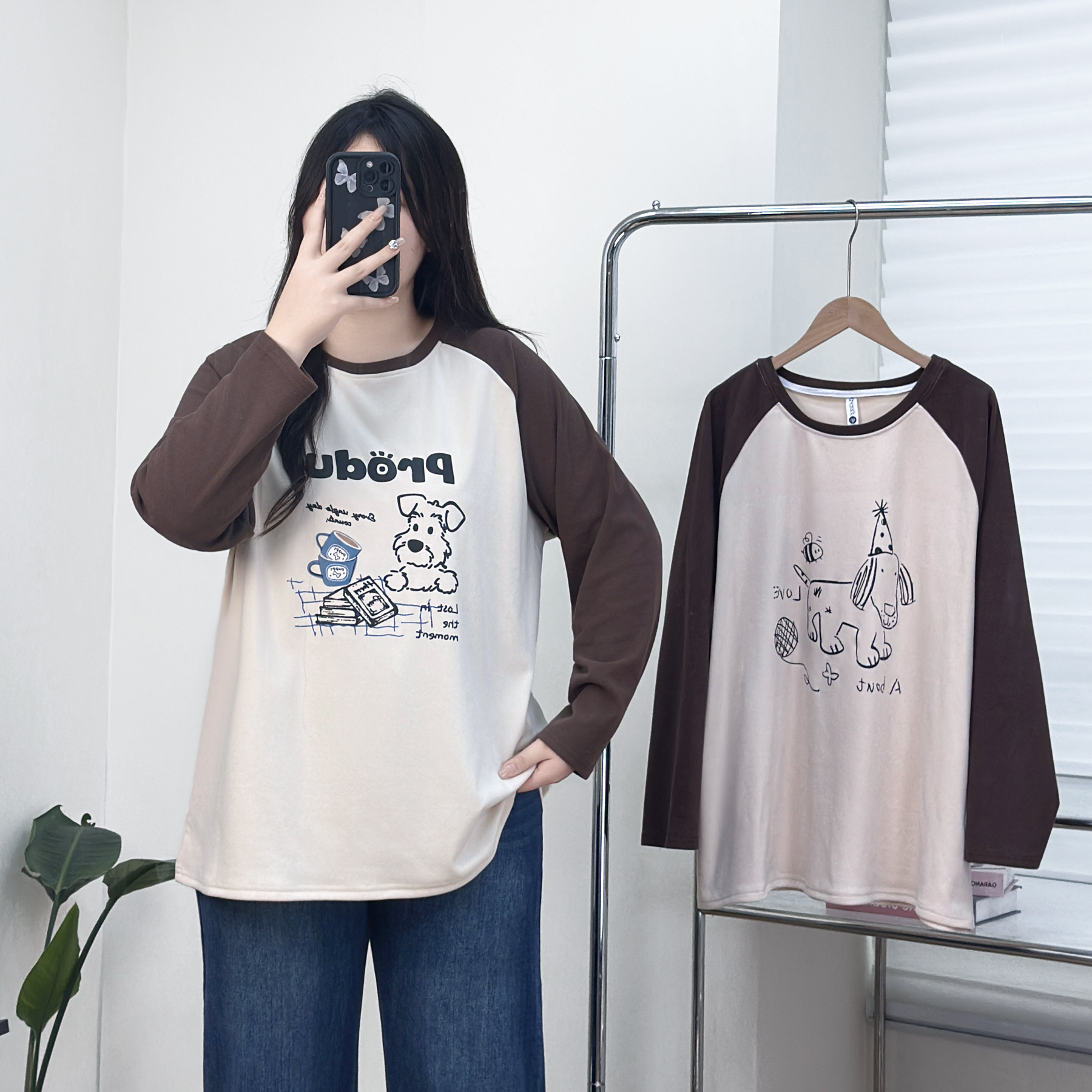 200斤大码女装秋冬新款卡通印花拼色袖胖妹妹打底衫遮肚子显瘦