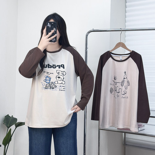 200斤大码女装秋冬新款卡通印花拼色袖胖妹妹打底衫遮肚子显瘦