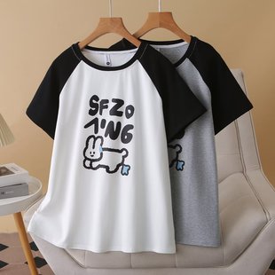 卡通印花拼色袖 春夏新款 胖妹妹t恤遮肚子显瘦上衣 女装 200斤大码