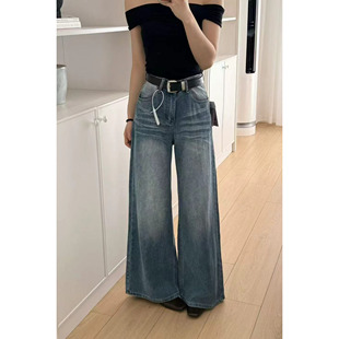 2026 女 春季 新款 Ooh 垂感宽松拖地长裤 0355复古蓝高腰阔腿牛仔裤