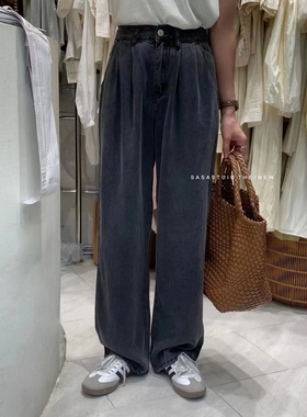 ooh hha69655灰色天丝牛仔裤女夏季薄款高腰拖地梨型身材阔腿裤