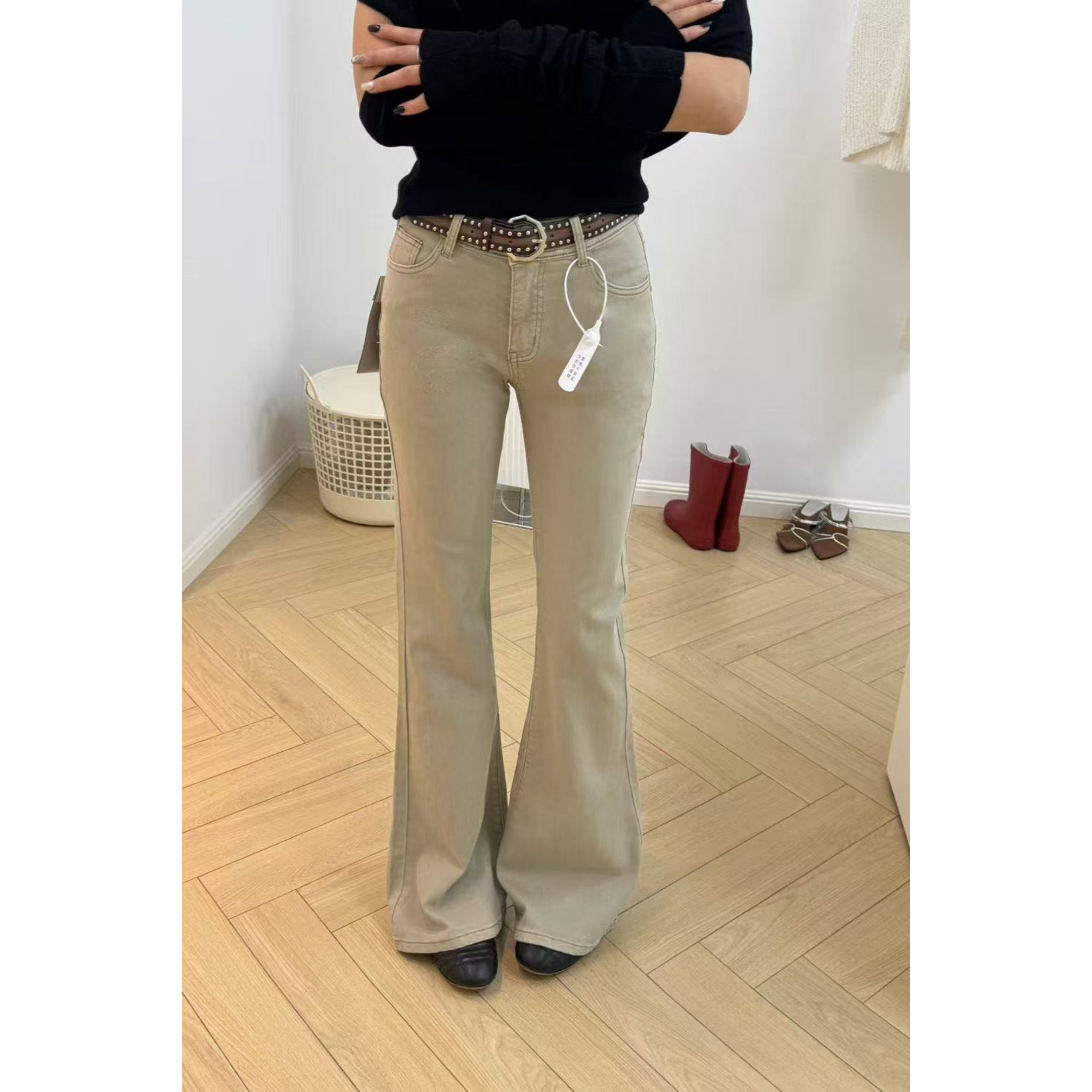 OoH0362春季新款弹力低腰辣妹微喇牛仔裤女显瘦复古水洗长裤时尚