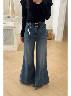 Ooh0350韩系水洗磨白阔腿牛仔裤 高腰显瘦垂感弹力宽松拖地牛仔裤