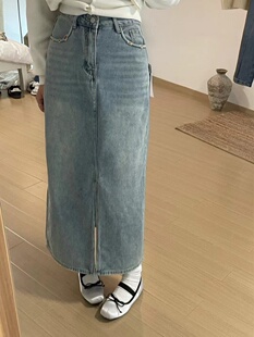 牛仔半身裙女长款 89660新款 前开叉无弹高腰显瘦牛仔裙 清仓价