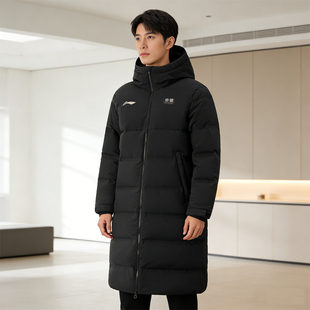 李宁男子长款羽绒服2024冬季健身系列鸭绒保暖连帽外套AYMU635