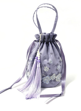 风和原创精致水桶包袋刺绣休闲手提斜挎绣花抽带灰紫色文艺小包女