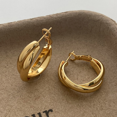 925银针欧美风金色交叉圆圈耳环