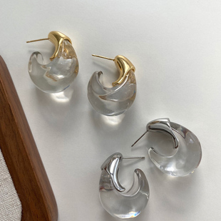 欧美复古高级感透明U型耳钉耳环925银针小众设计感耳饰2025新款女