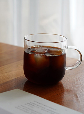 然而家 简约高硼硅玻璃水杯耐热透明带把手花茶杯挂耳咖啡杯泡茶